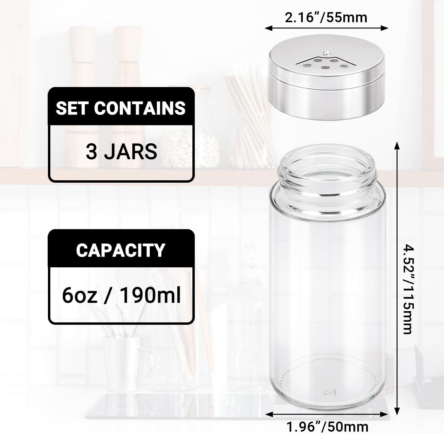 Segarty Tarro de especias con tapas cocteleras, paquete de 3 tarros de especias de 6 onzas con agujeros grandes ajustables para verter hierbas y