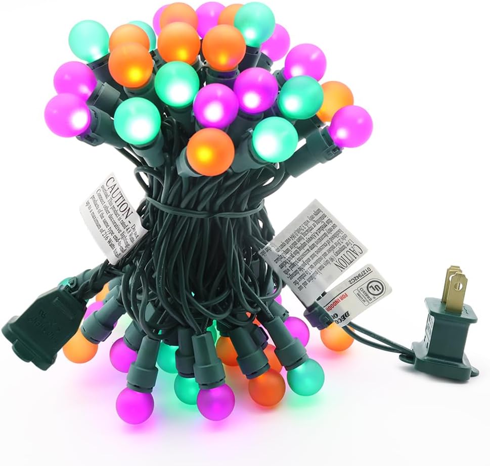 Guirnalda de luces de Halloween naranja, morado y verde, 50 luces LED, 13.5 pies, certificación UL, G15, luces multicolor para Halloween al aire