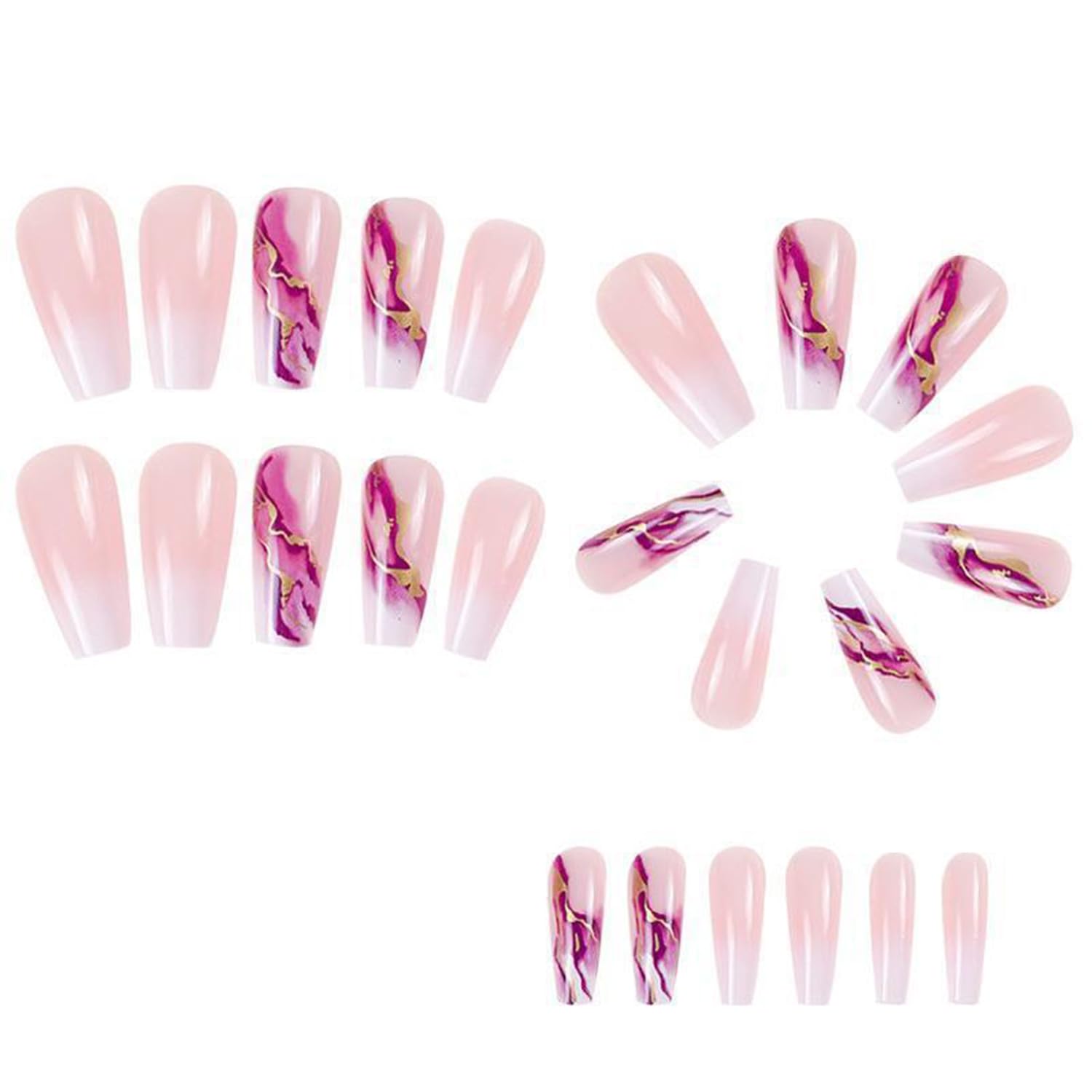 Uñas postizas a presión de mármol morado con lámina dorada, uñas postizas largas con degradado rosa, uñas postizas reutilizables con pegamento en