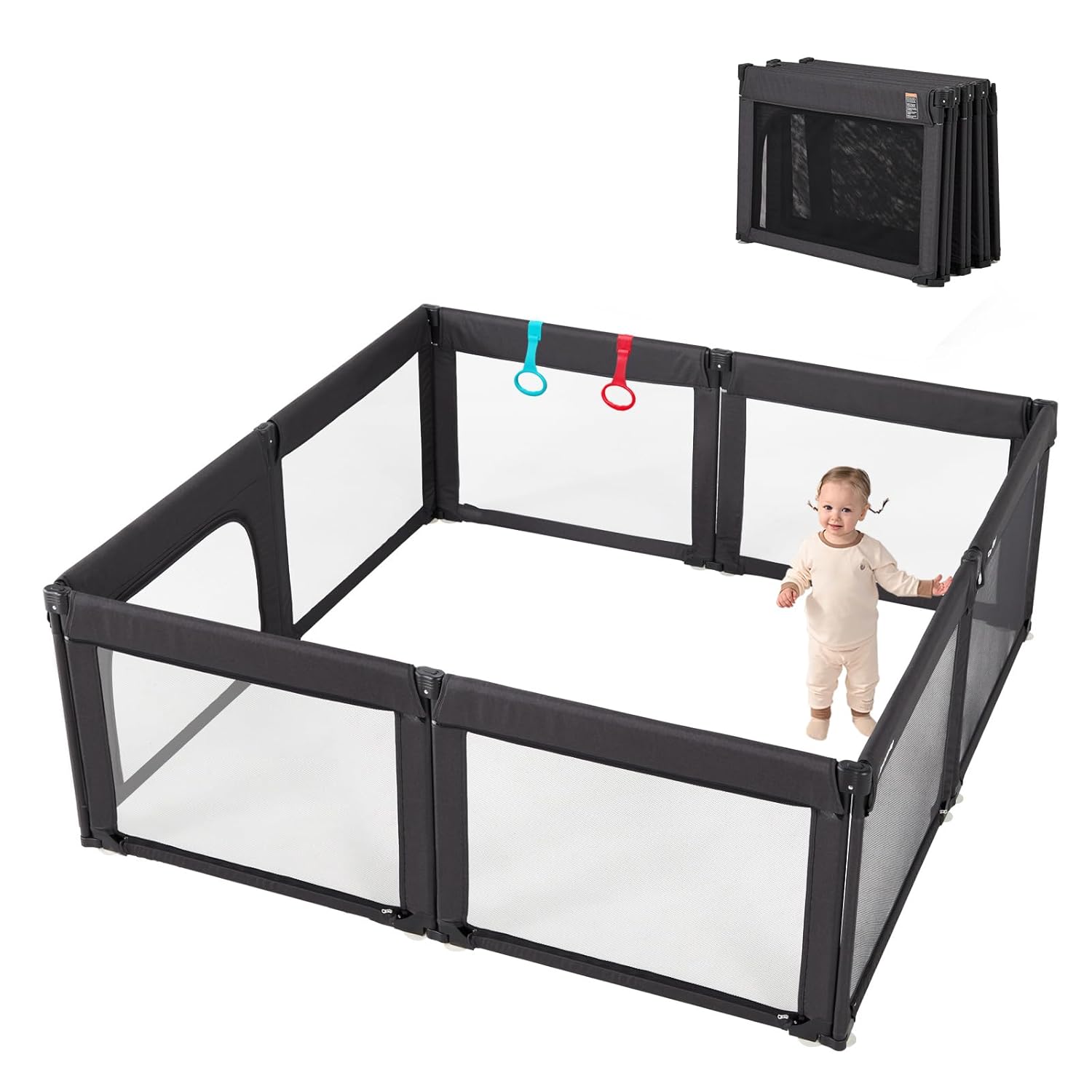 Corralito plegable y ajustable de forma y tamaño para niños pequeños, corralitos grandes de 79 x 71 pulgadas de malla de seguridad plegable para