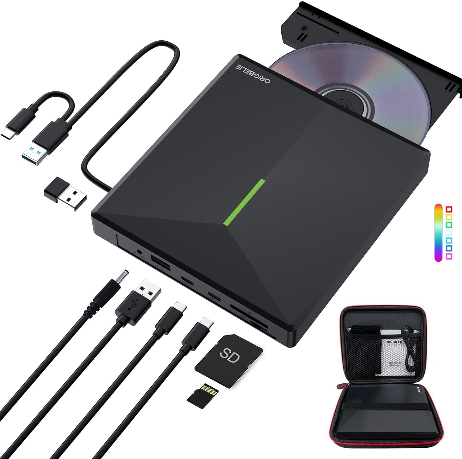 ORIGBELIE Unidad externa de CD y DVD con 4 puertos USB y 2 ranuras para tarjetas TFSD, USB 3.0 portátil CDDVD, reproductor de disco grabador para