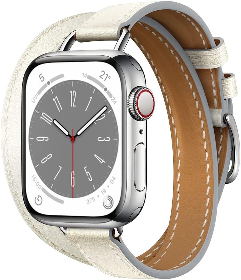 Double Tour – Correa de cuero genuino para iWatch Series 876SEUltra54321, correa delgada de repuesto ajustable para Apple Watch Band 1.496 in 1.575