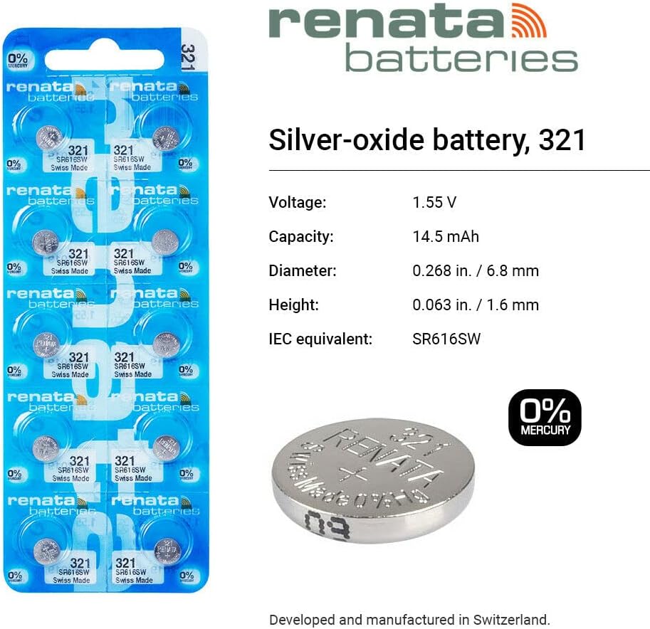 Renata 321 SR616SW Baterías  1.55 V Óxido de Plata 321 Batería de reloj (10 unidades)