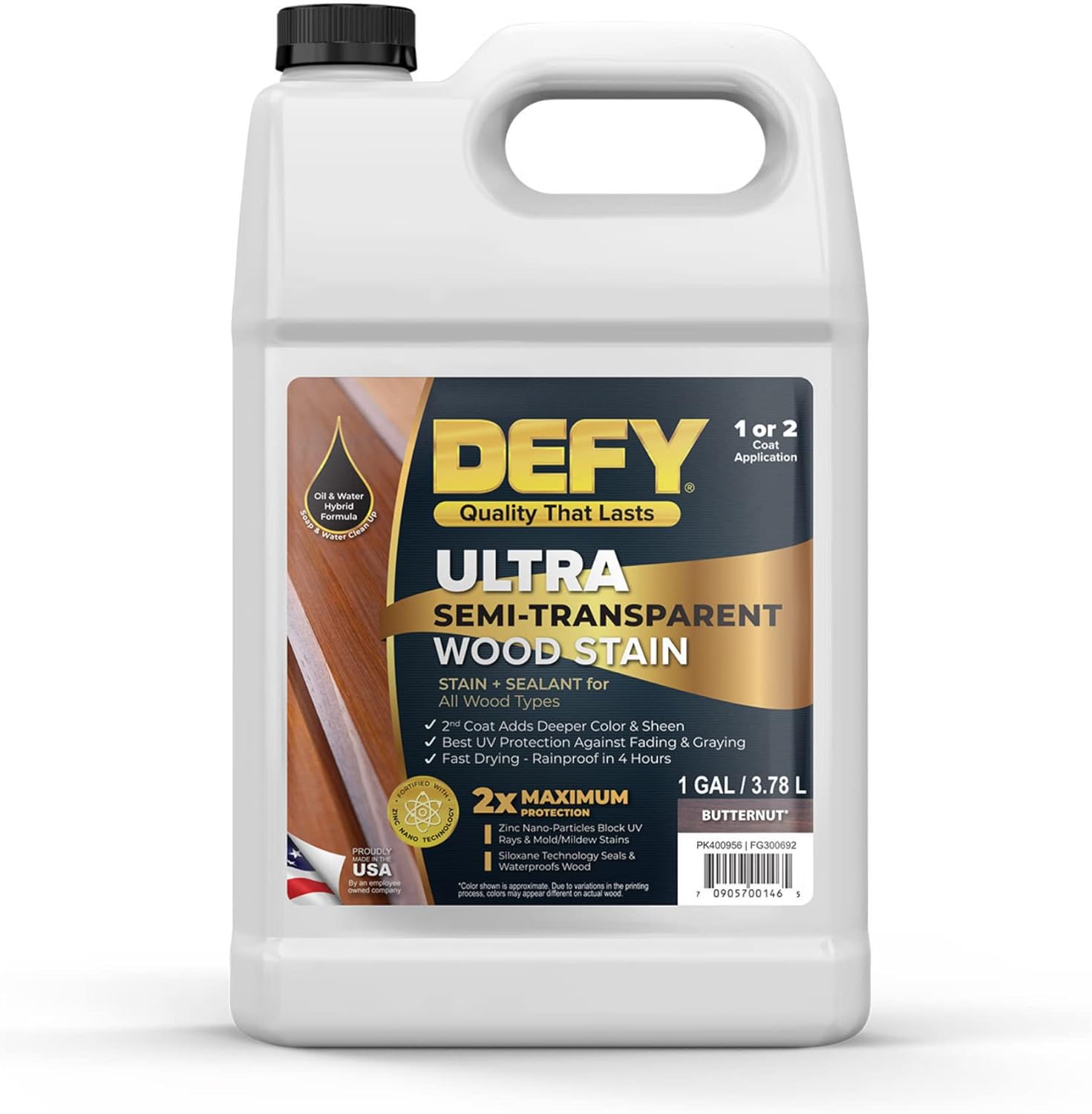 DEFY Tinte y sellador de madera ultra semitransparente para exteriores en uno  Butternut, 1 galón, tinte de cubierta y sellador  Color rico y brillo