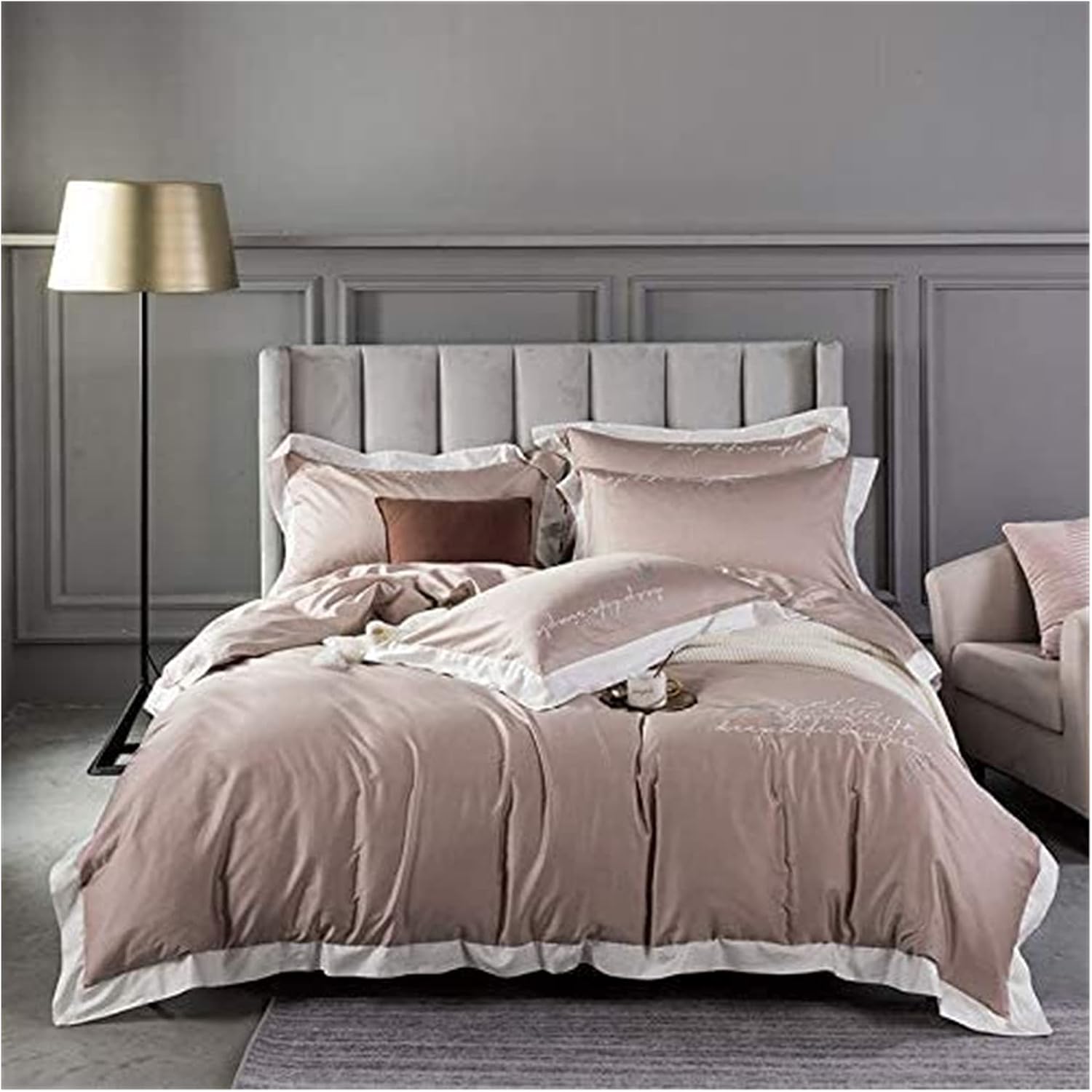 Soft 4-Piece Bed Sheet Set Duvet Cover Set Super King Size Set 4-Piece 80 Double Cotton Silky Embroidery Craftskin Skin-Friendly Breathable Metal