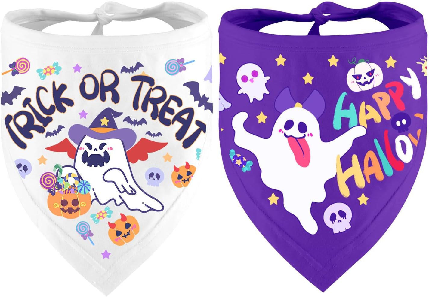 Bandanas para perros de Halloween, paquete de 2 bandanas con temática de “Happy Halloween” y “Trick or Treat”, de tela duradera, adecuadas para