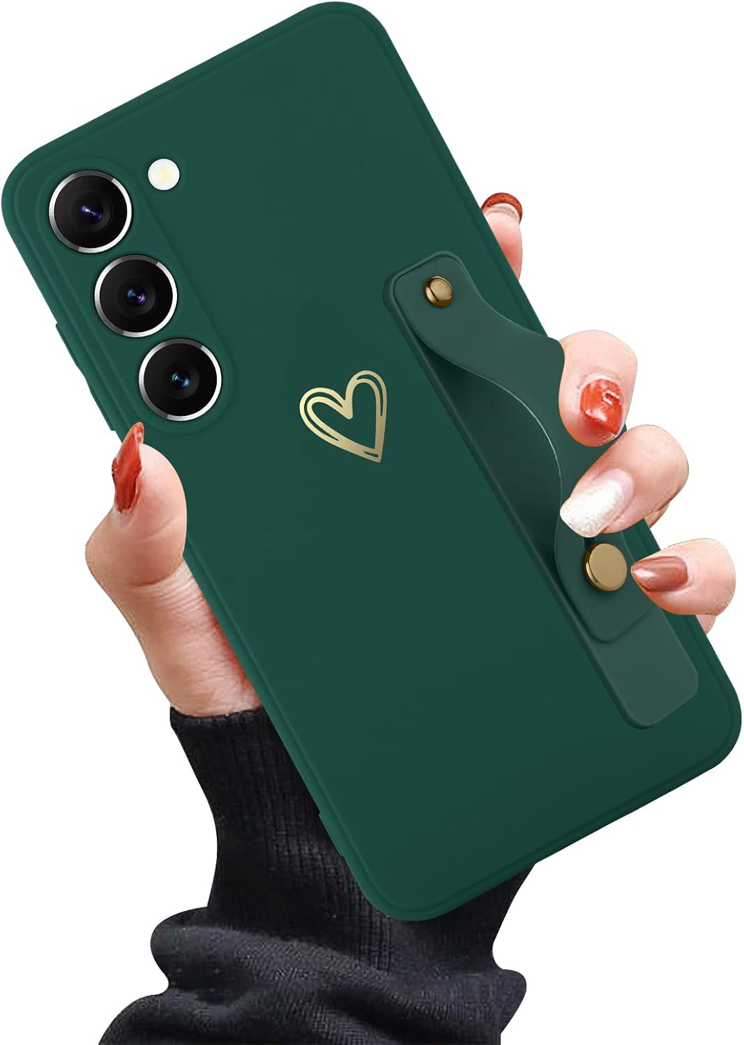 Funda compatible con Samsung Galaxy S23 para mujeres y niñas, bonito patrón de corazón dorado con soporte de mano para muñeca, delgada, de silicona