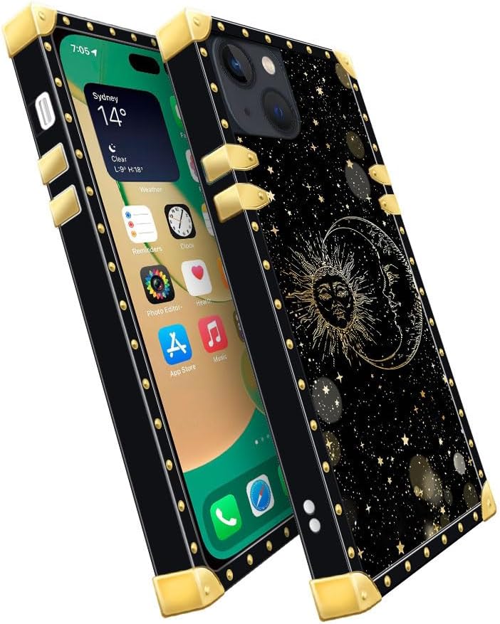 Cvkoyhl Compatible con iPhone 13 Mini funda cuadrada para teléfono, J Sun and Moon Stars Luxury TPU Corner Funda de protección a prueba de golpes