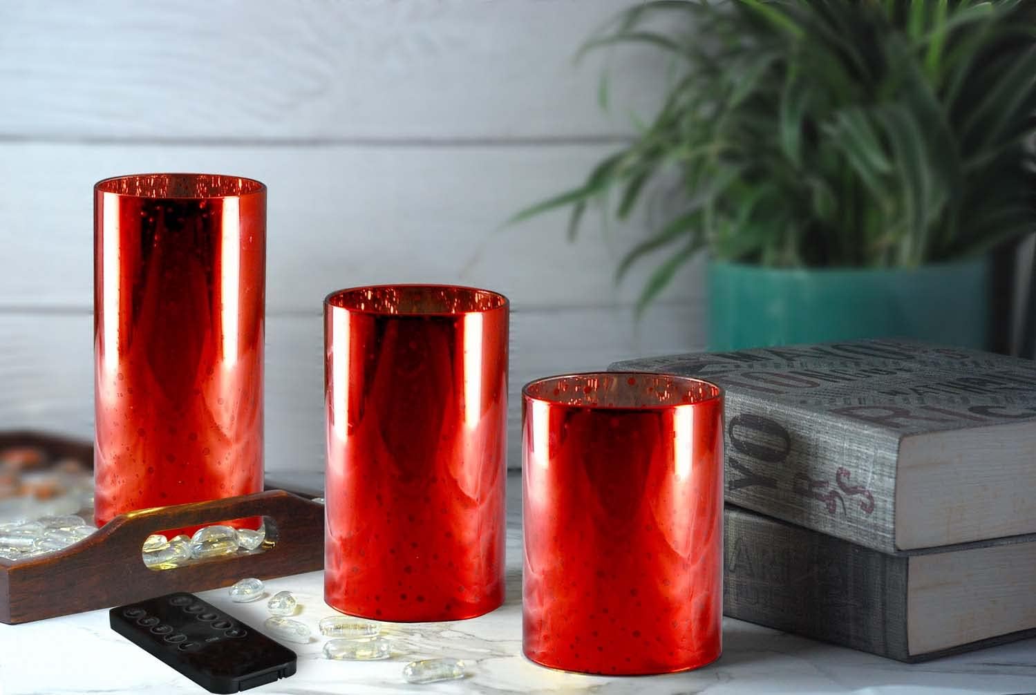 Velas sin llama de vidrio rojo con control remoto y temporizador, velas sin llama LED, velas de vidrio sin llama con pilas