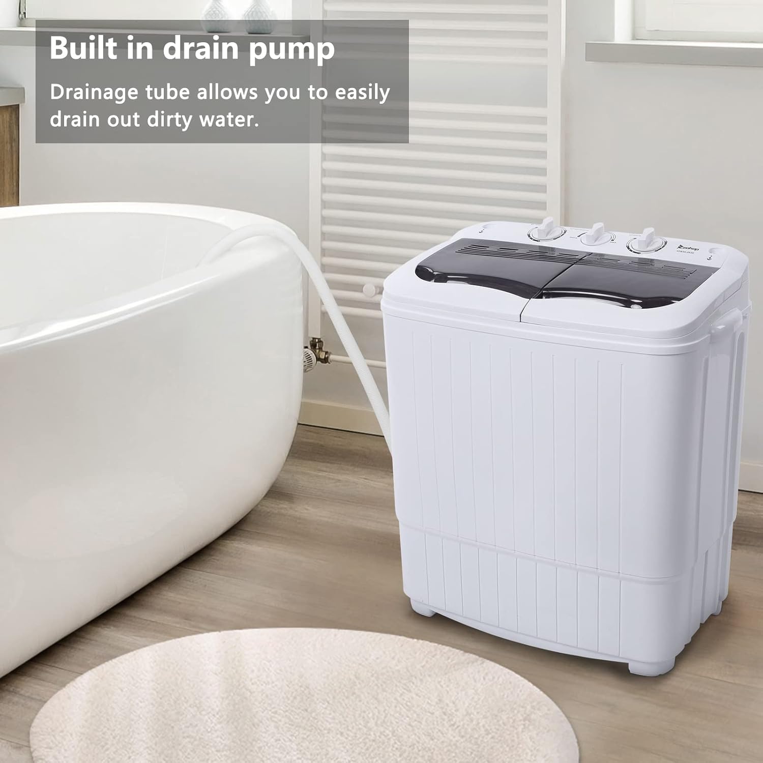 Lavadora portátil compacta con bomba de drenaje incorporada, 14.3 libras, cubierta gris, máquina de lavandería semiautomática para dormitorio de