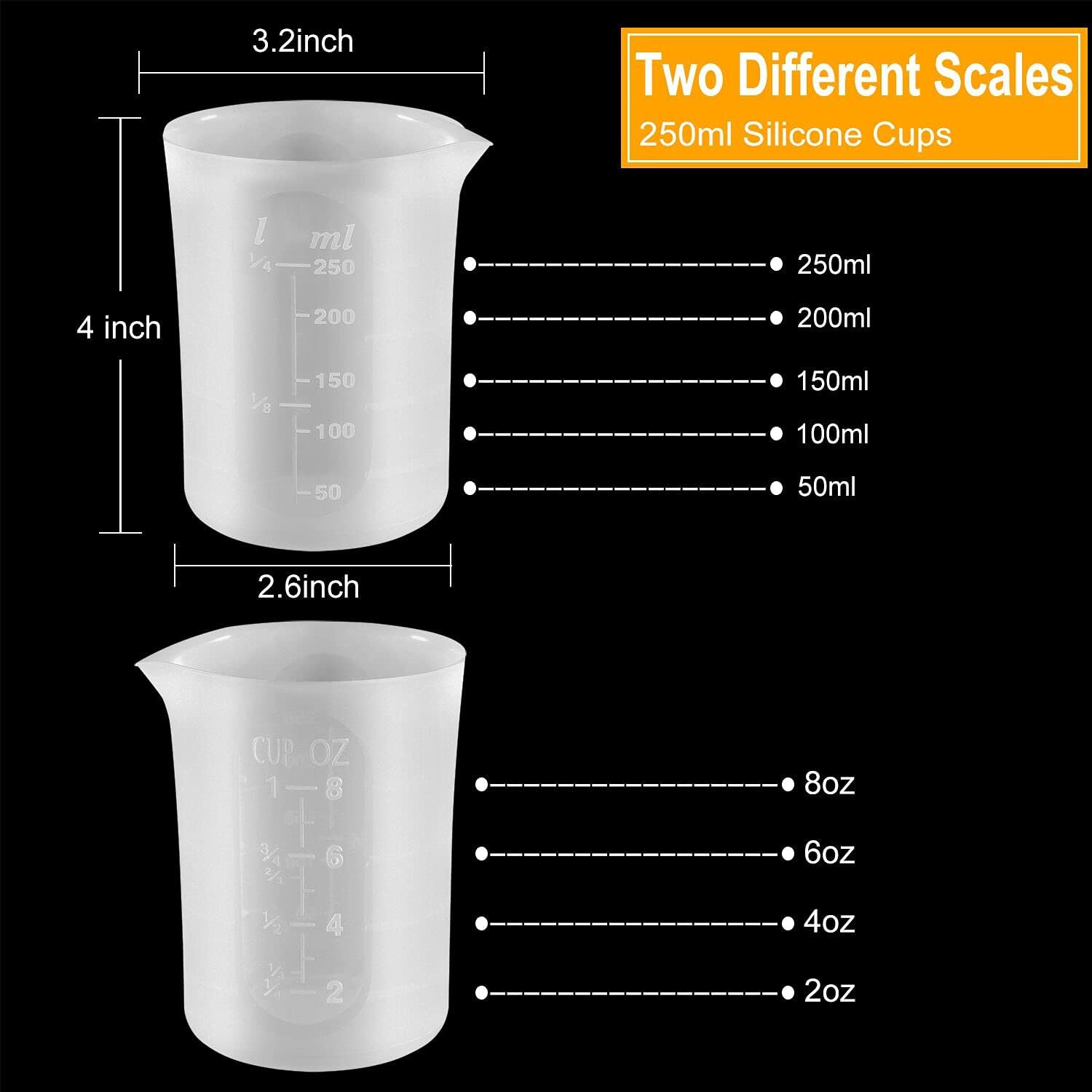 Coopay Vasos medidores de silicona de 8.5 fl oz para resina antiadherentes, herramientas de pegamento, escala precisa para hacer joyas de resina y