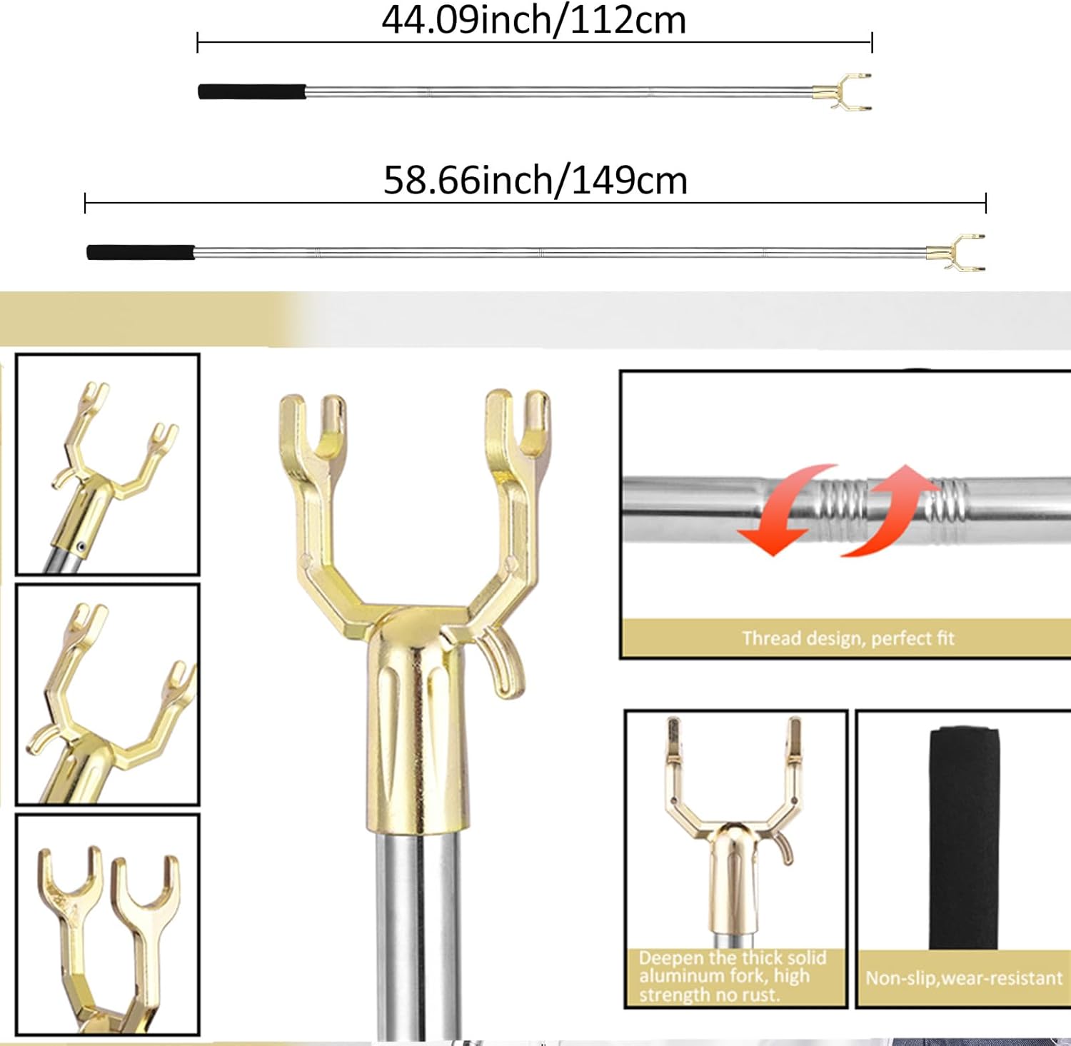 Varilla de gancho ajustable extendida de 59 pulgadas con práctico gancho para percha, gancho de ropa de brazo alto, barra de apertura de ventana,