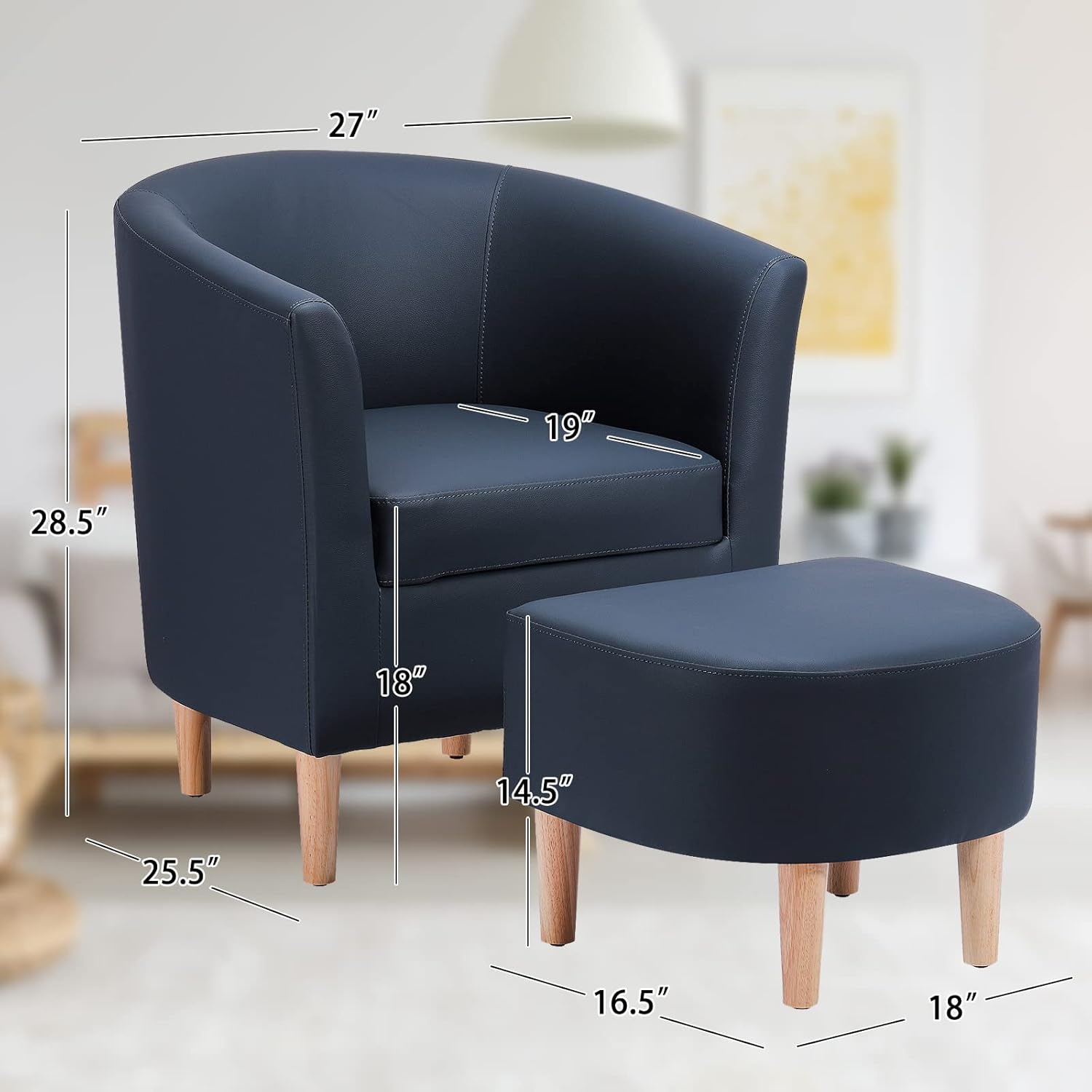 Silla de cuero, silla decorativa moderna de mediados de siglo con barril sintético otomano, cómodo sillón tapizado para bañera de club, brazos