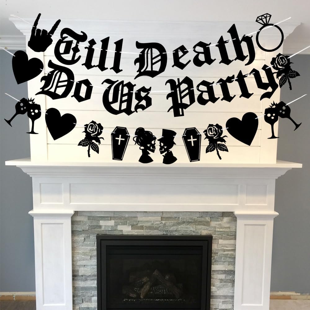 Cartel de fiesta Black Till Death Do Us, cartel de fiesta en inglés antiguo, pancarta de fiesta de boda de Halloween, boda, despedida de soltera,