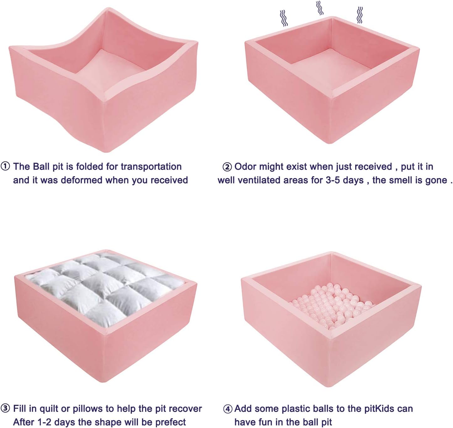 TRENDBOX Piscina de bolas para niños, de espuma viscoelástica, cuadrada, para niños pequeños, bebés, pelotas no incluidas, color rosa