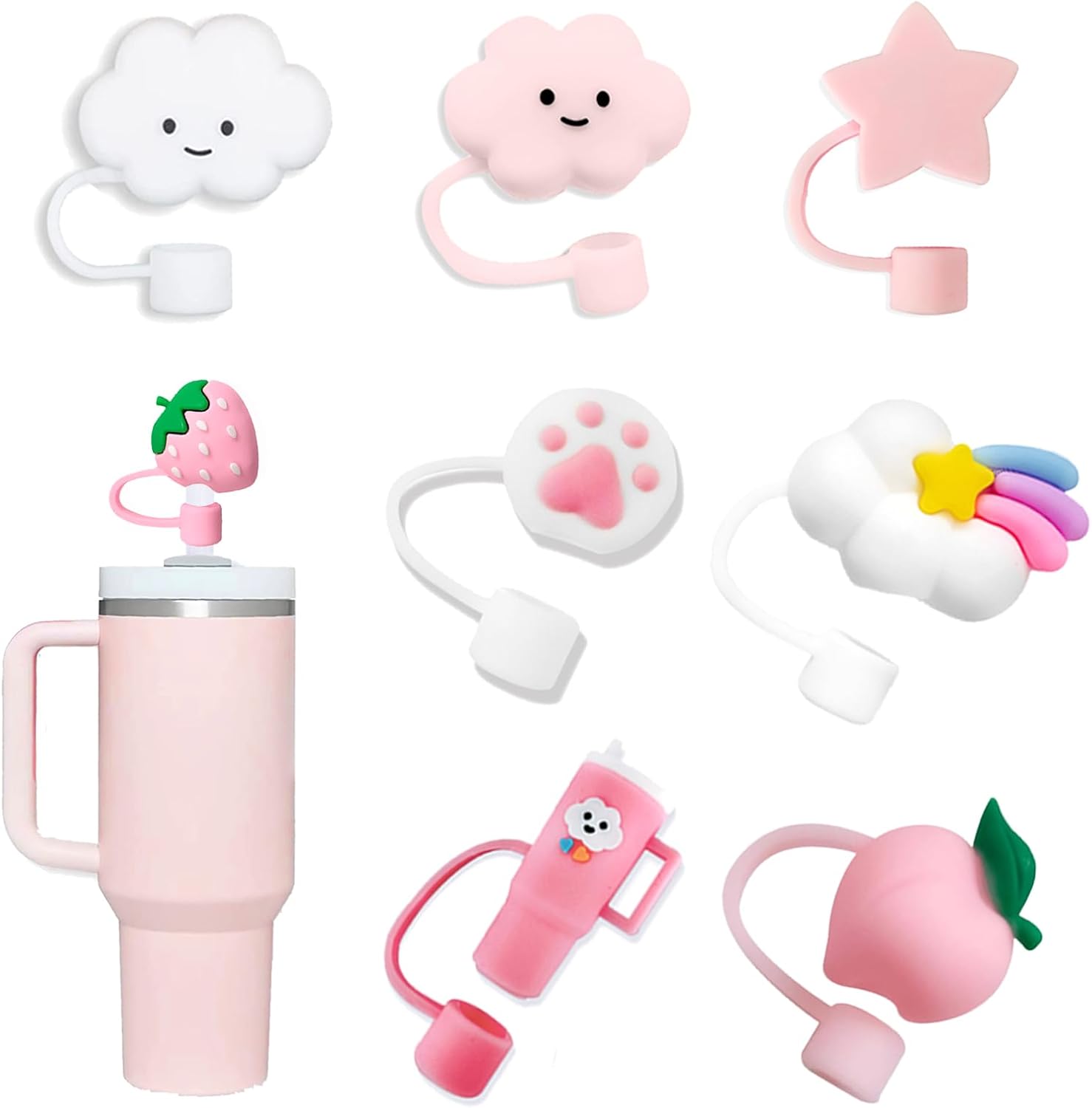 8 fundas para popotes compatibles con vasos Stanley de 30 y 40 onzas, reutilizables, bonitas puntas de silicona para popotes, protectores para copas