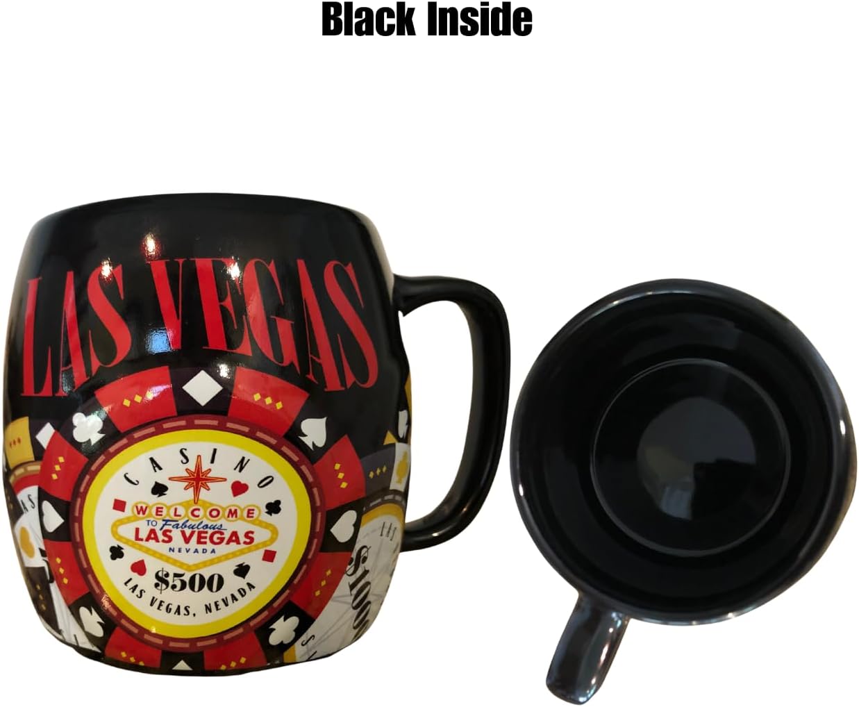 Taza de café con chip de póquer Las Vegas rojo y negro, perfecta para entusiastas del póker y las Vegas Strip – Grande 16 oz