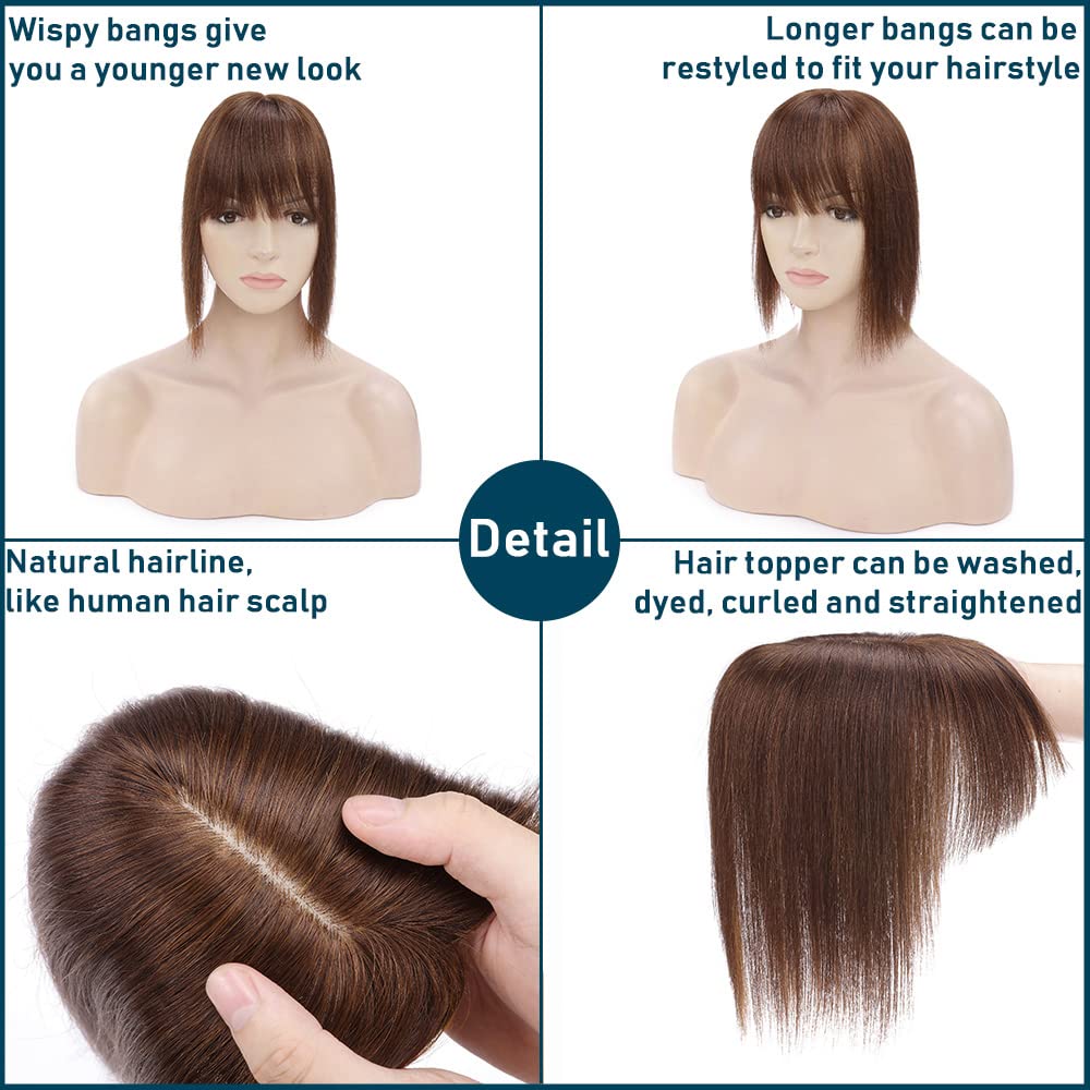 SEGO Toppers de cabello humano 100% real con flequillo, 150% de densidad, base de seda, clip en la parte superior, piezas de cabello para mujeres