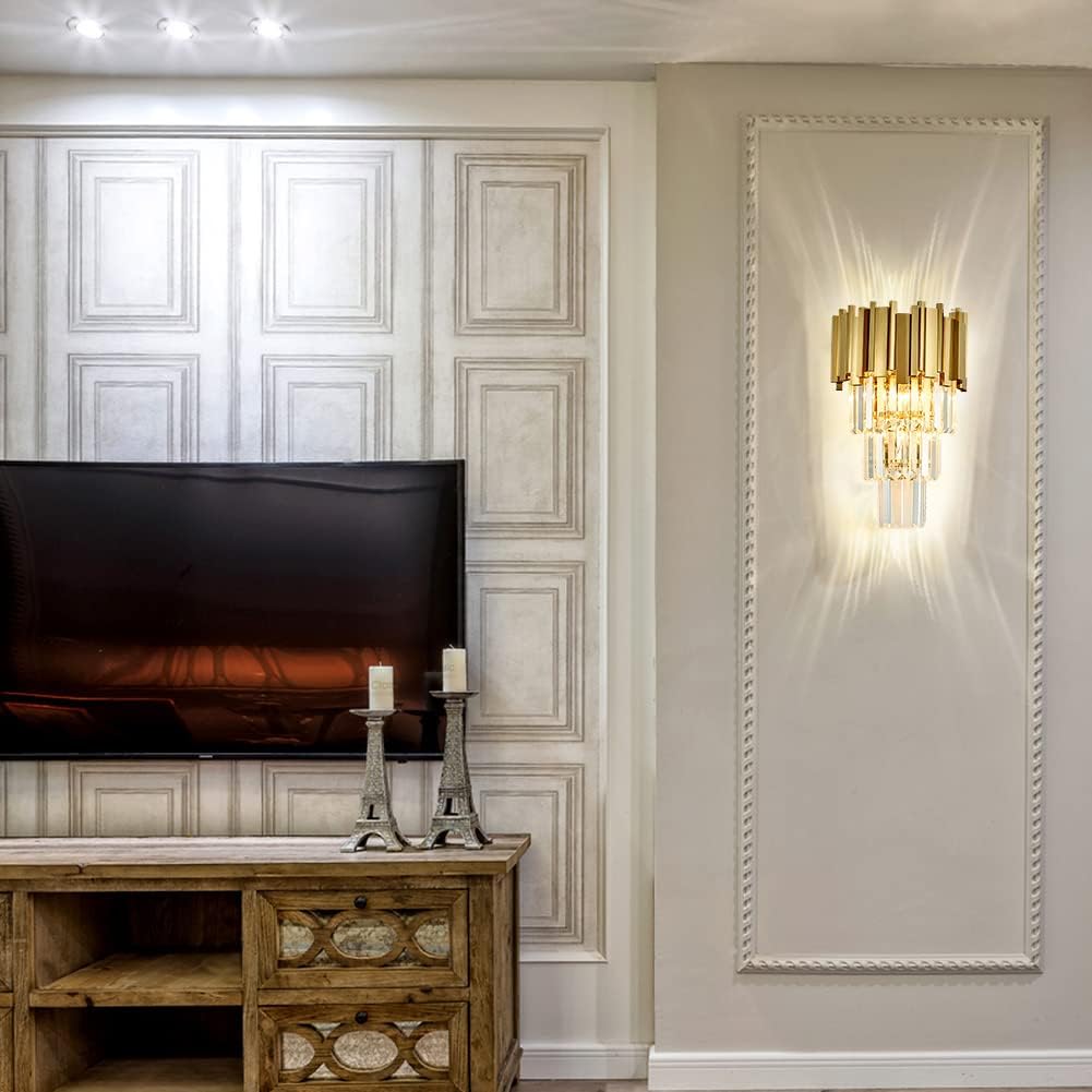 Modernas luces de pared de cristal dorado, W12 H18, 3 luces, apliques de iluminación, lámparas de pared para sala de estar, dormitorio