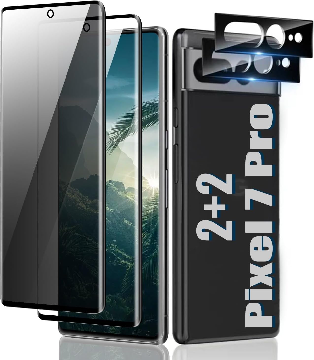 Paquete de 2+2 protectores de pantalla para Google Pixel 7 Pro, HD y de privacidad de vidrio templado con protector de lente de cámara dureza 9H