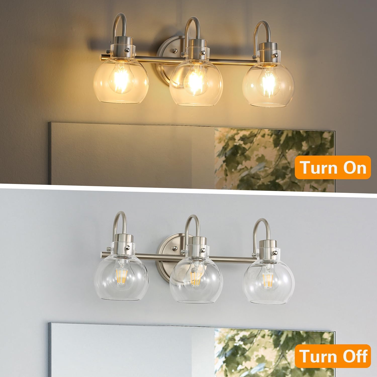 Lámpara de tocador de 3 luces, lámparas de baño de níquel cepillado, apliques de pared de granja con pantalla de vidrio transparente de globo,