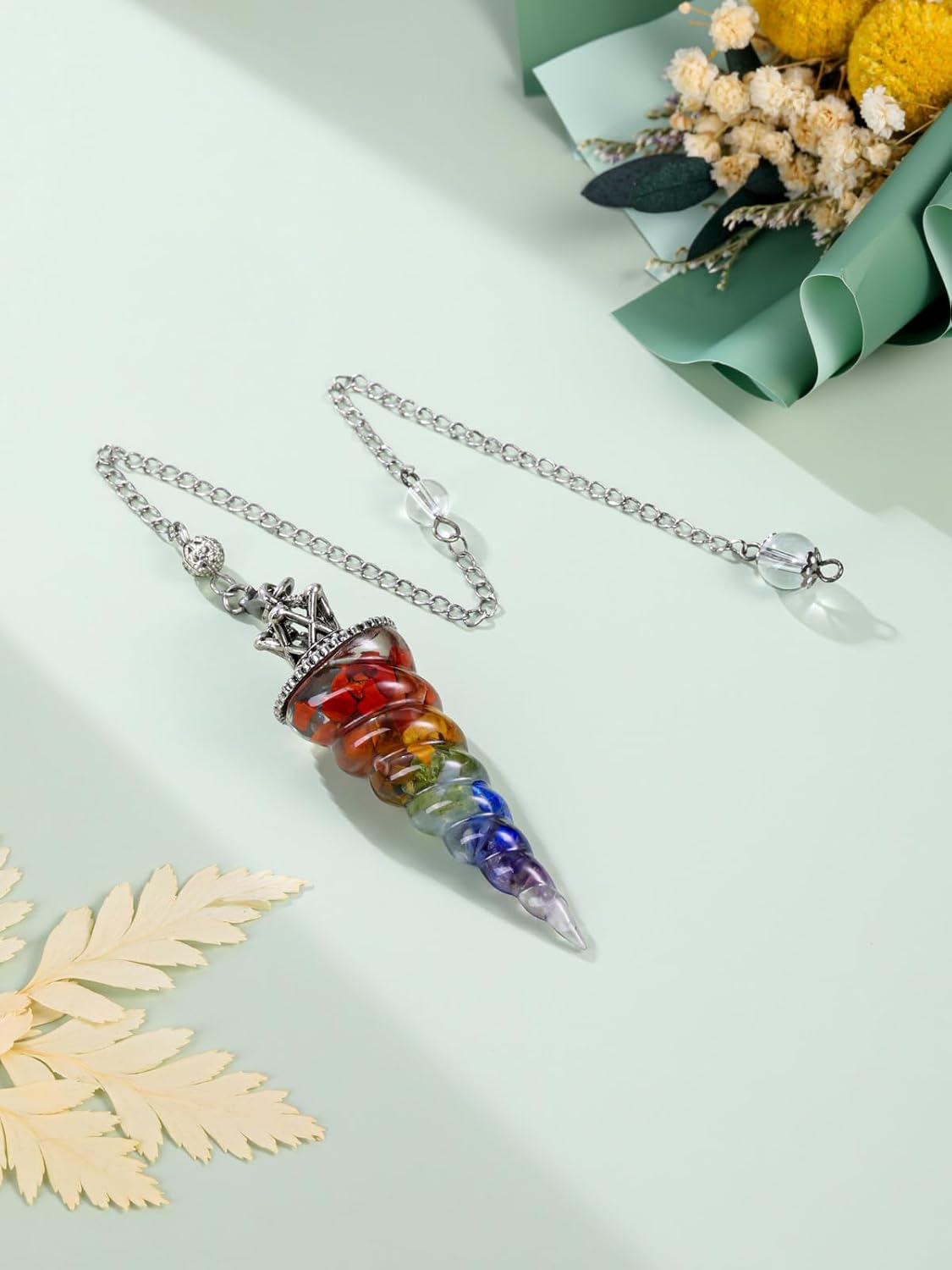 Jovivi Péndulos naturales de cristal de 7 chakras para radiestesia de adivinación, corona de cono de espiral, péndulo puntiagudo con cadena, piedras