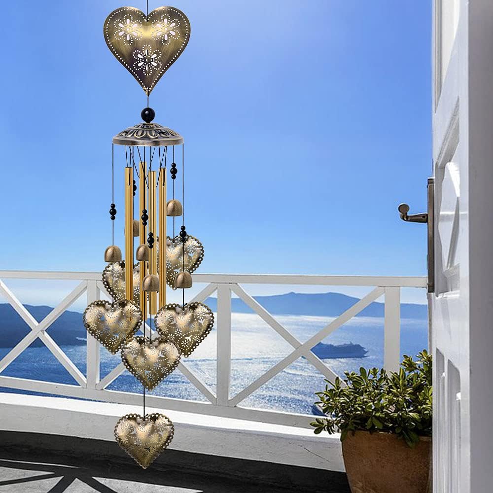 Campanillas de viento con forma de corazón para decoración interior y exterior, con 4 tubos, 6 campanas, 7 corazones, captador de viento romántico