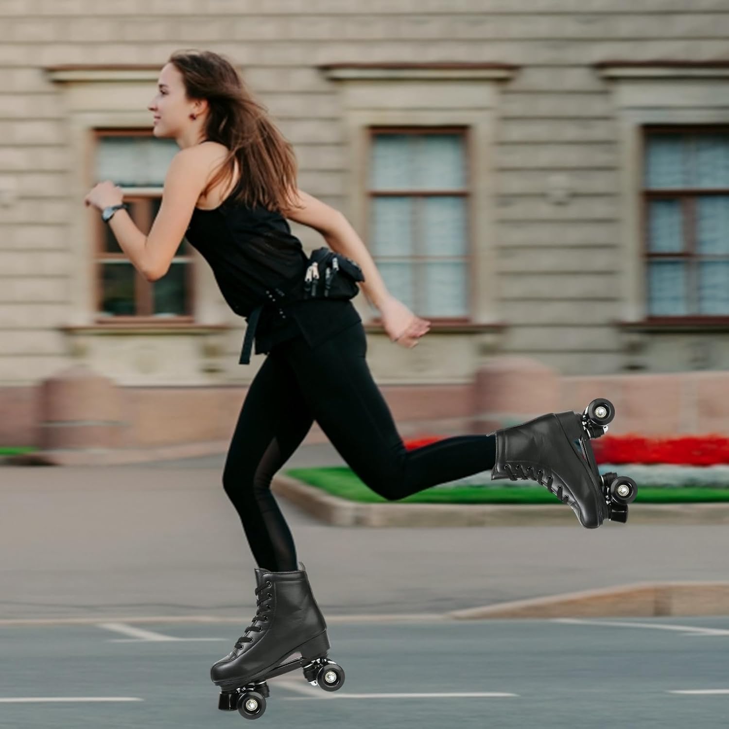 Patines para mujer, de piel sintética, patines brillantes ajustables, patines de 4 ruedas, de doble línea para chica.