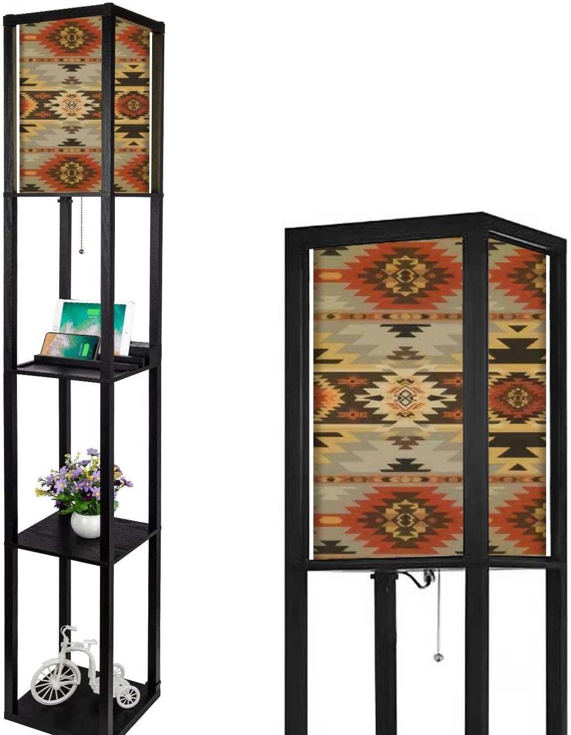 Navajo – Lámpara de pie étnica geométrica sin costuras con estampado nativo americano del suroeste con estantes, puertos USB y toma de corriente,