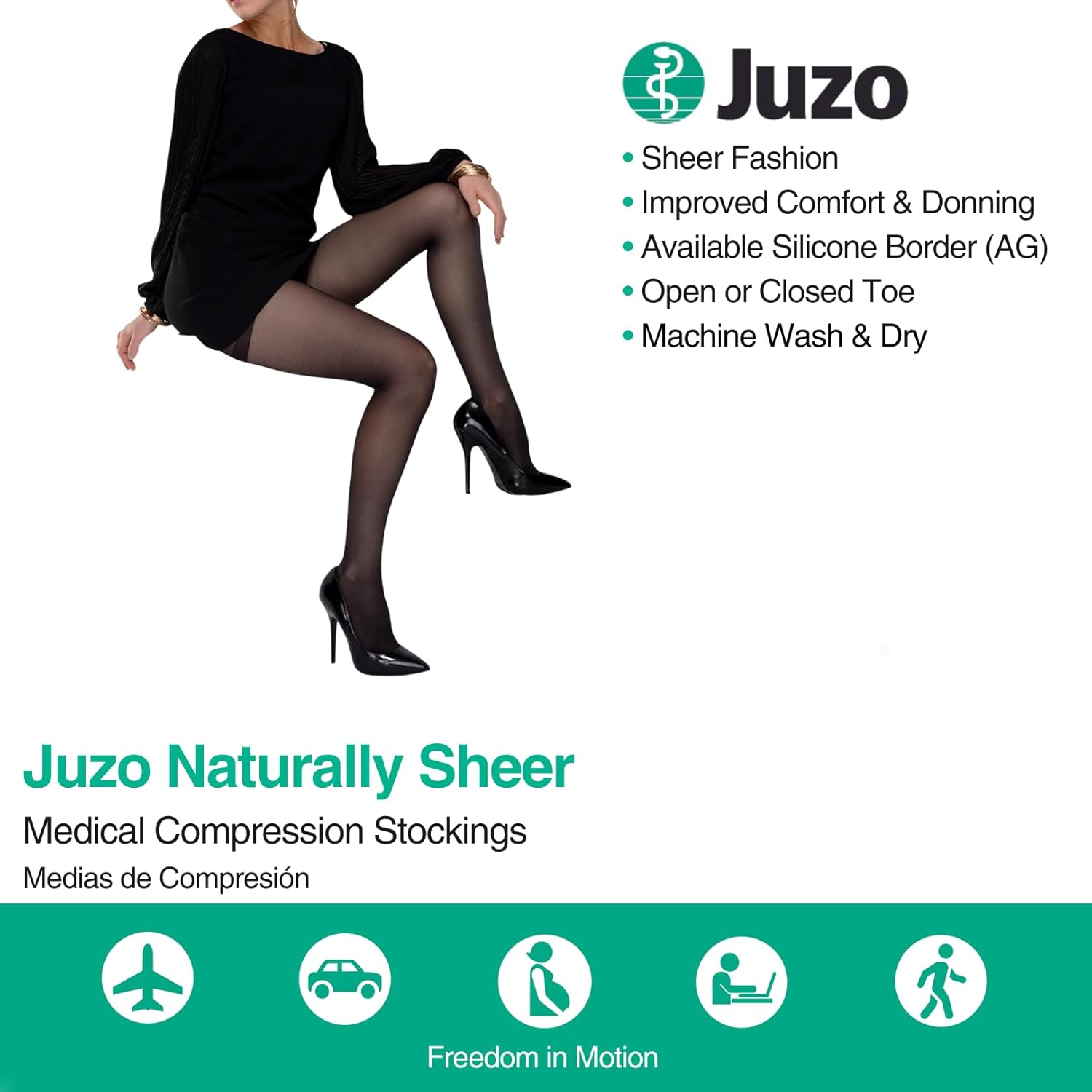 Juzo Medias de compresión Naturally Sheer de 30-40 mmHg, borde de silicona Microdot, altura del muslo, punta cerrada, calcetines de compresión para