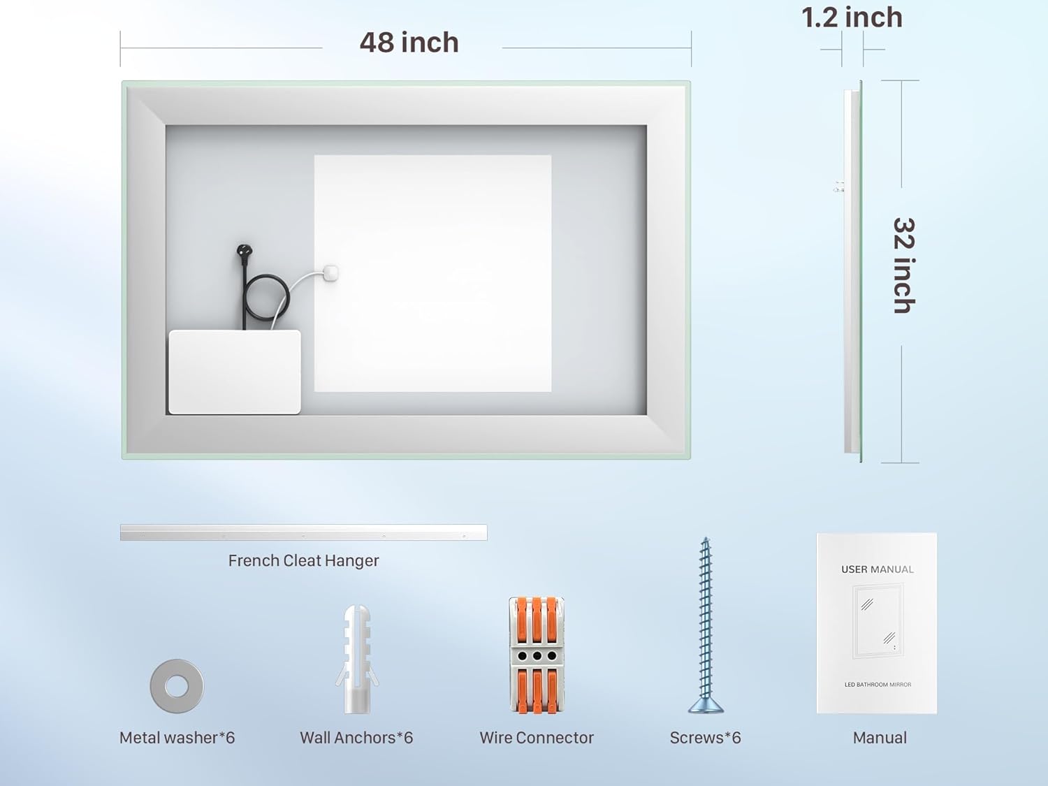 LOYAL STAR Espejo de baño LED, 48 pulgadas de largo x 32 pulgadas de ancho, varios tamaños opcionales, espejo de tocador con retroiluminación y luz
