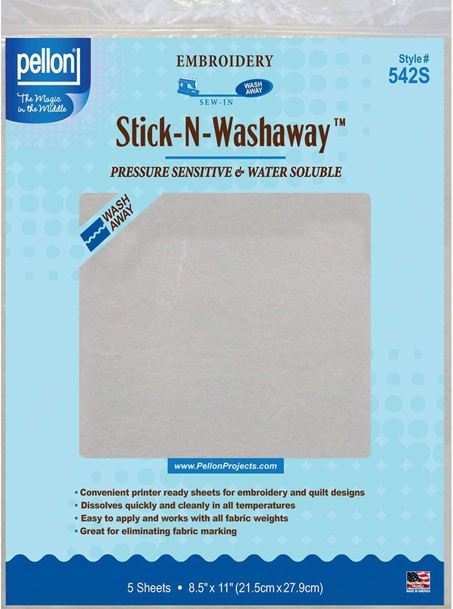 Pellon, Estabilizador Stick-N-Washaway blanco, 8.5 x 11 pulgadas, paquete de 5