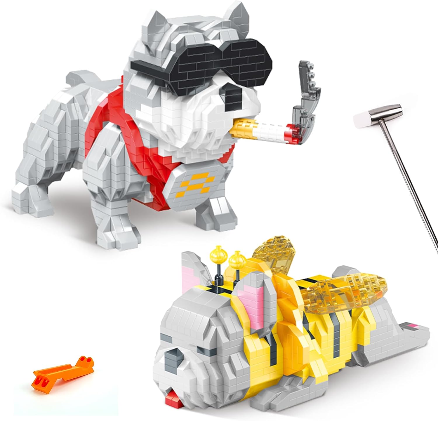 qOvOp Paquete de 2 juguetes de construcción de micro ladrillos, Bulldog francés y Bully Pit Bull, mini bloques de construcción lindos animales,