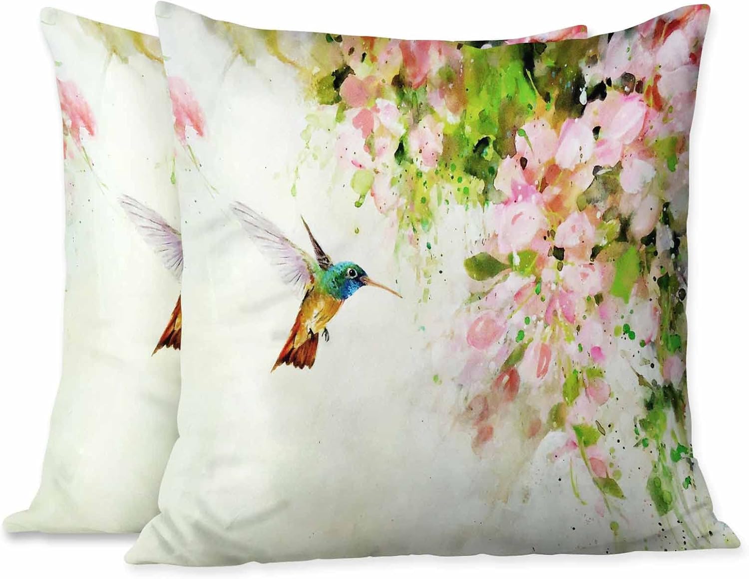 Beabes Fundas de almohada de colibrí volador y flores rosadas, pintura al óleo, 18 x 18 pulgadas, fundas de almohada decorativas para sofá,