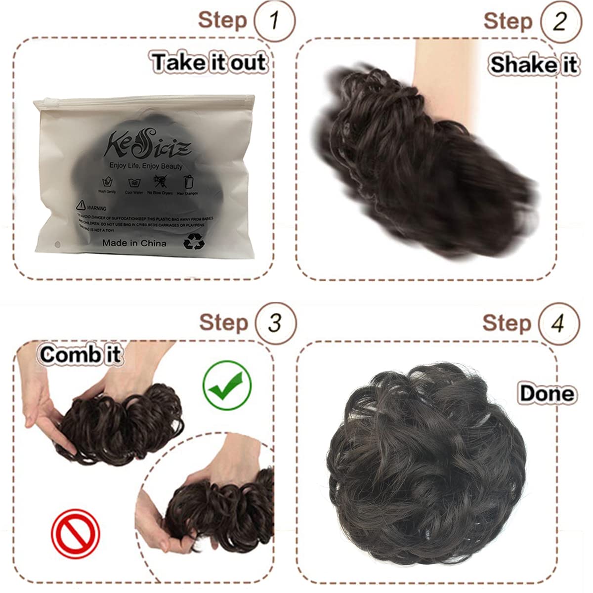 2 piezas de cabello de moño desordenado, extensiones de cabello sintético grueso, recogido, rizado, ondulado, cola de caballo para mujeres y niñas,