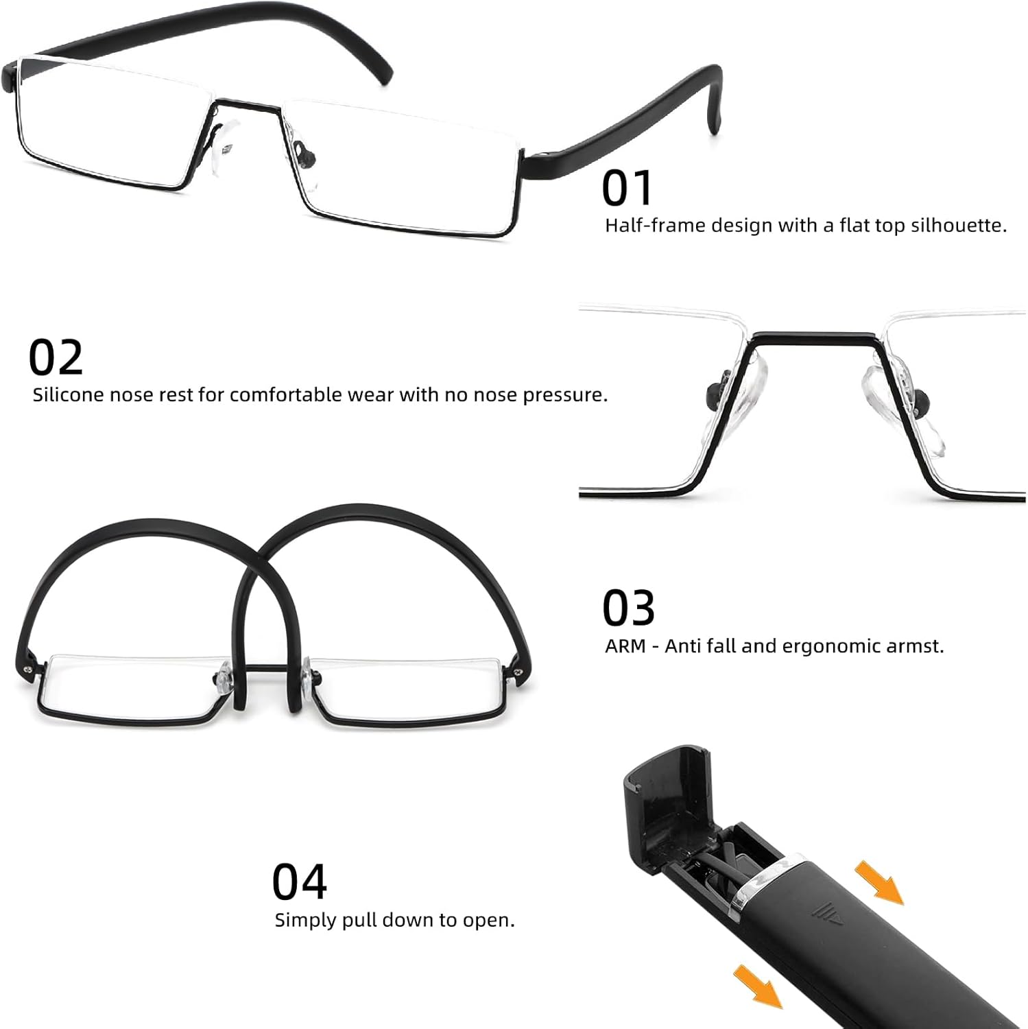 REAVEE Paquete de 2 lentes de lectura de medio marco para hombres y mujeres, media lente de metal, ligeros, portátiles con funda, negro y azul +1.25