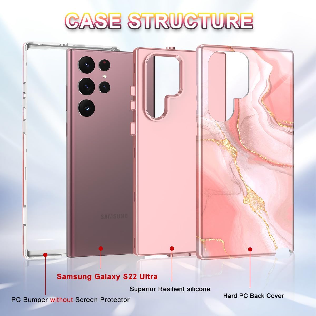 Btscase Funda para Samsung Galaxy S22 Ultra 5G, patrón de mármol 3 en 1, resistente a prueba de golpes, cuerpo completo, policarbonato duro y suave