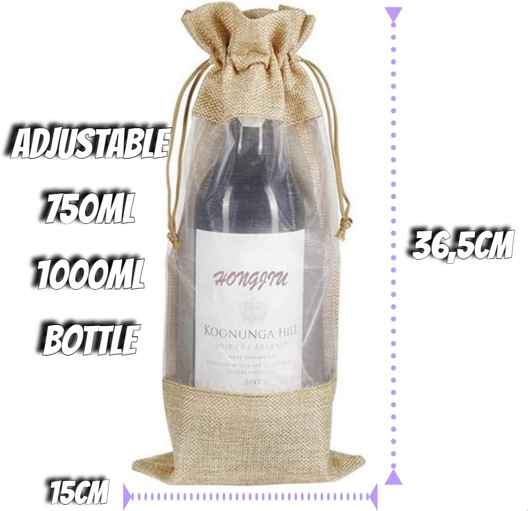 Bolsas de vino de arpillera premium, 10 bolsas de regalo de vino de yute natural con cordón y ventana transparente para fiestas de cata de vinos,