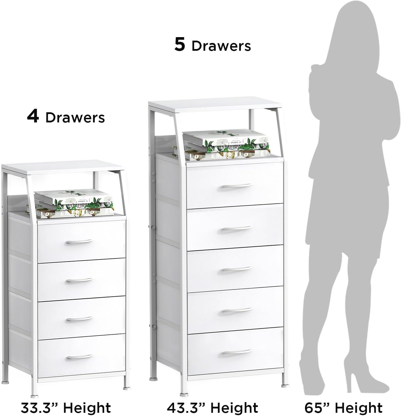 Cómoda con 4 cajones, torre de almacenamiento de tela para dormitorio, cajones de almacenamiento de ropa blanca, organizador vertical de armario
