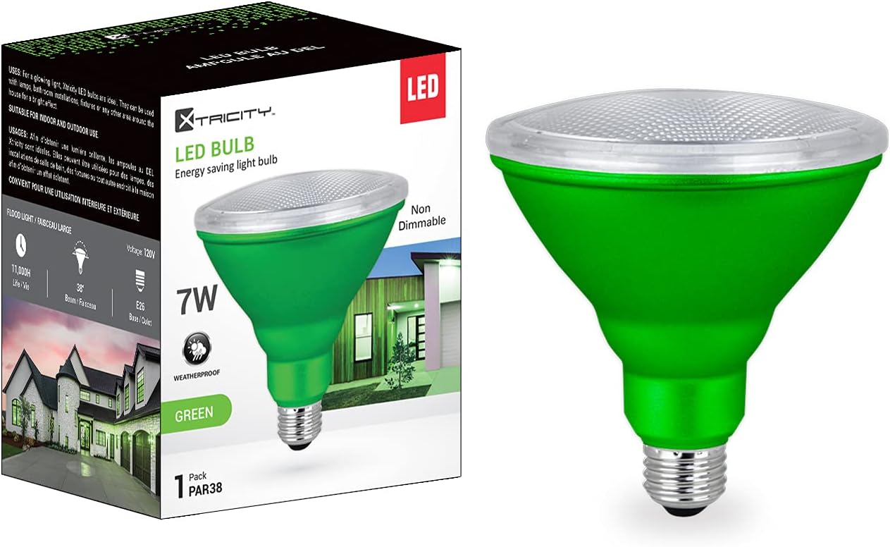 Xtricity Bombillas LED PAR38 LED verdes de inundación, 7 W, (equivalente a 40 W), impermeables, interioresexteriores, base media E26, luces de