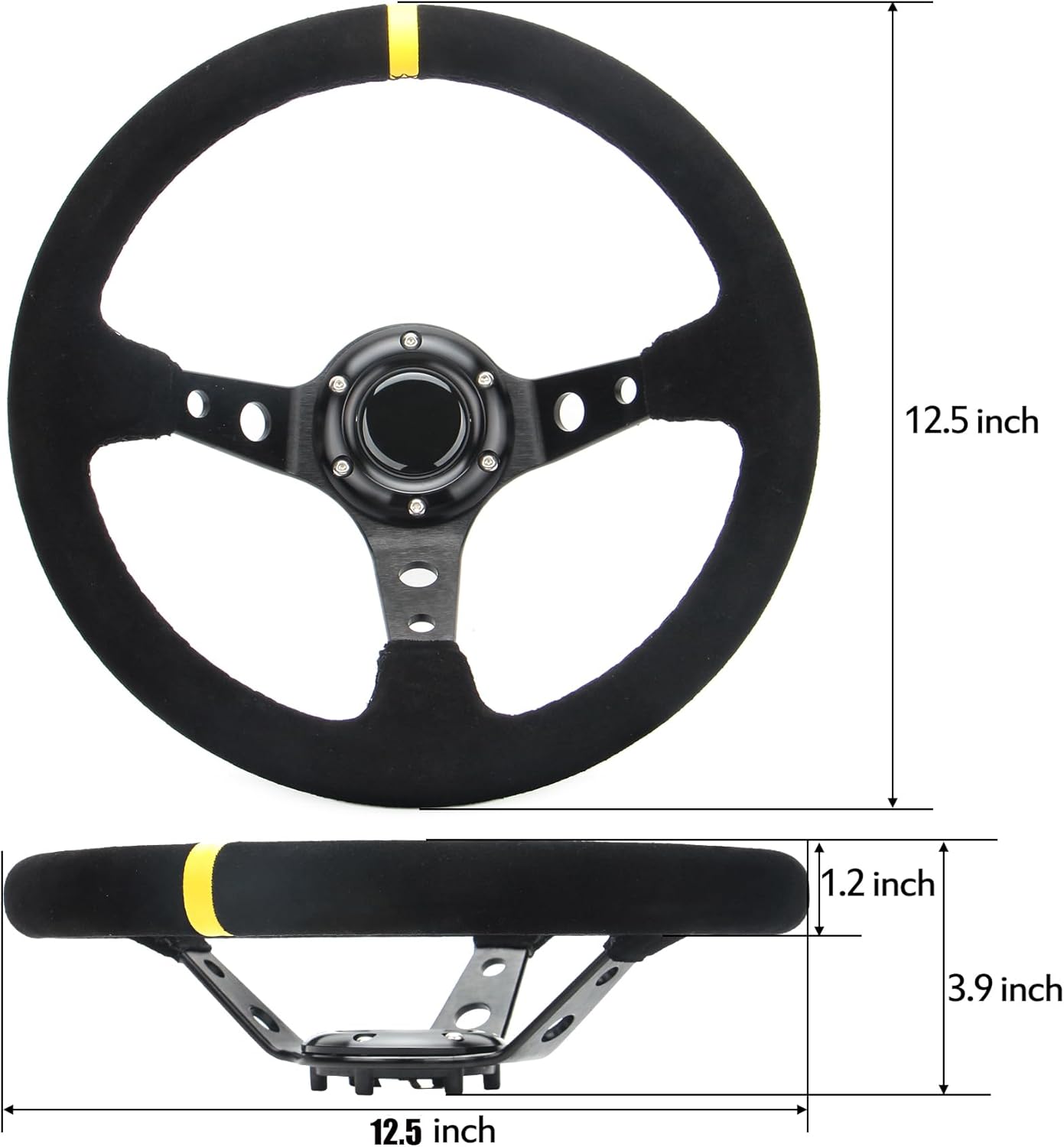 Volante de carreras de rayas amarillas Cuero de gamuza 12.5 “12.598 in Radios de aluminio Drifting Deep Dish Volante deportivo con botón de cuerno