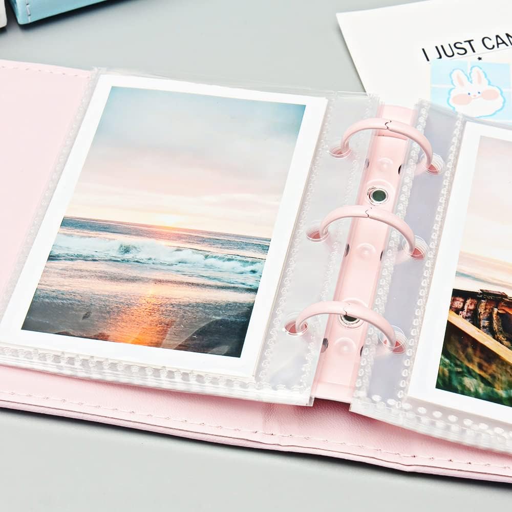 Mini álbum de fotos, soporte para tarjetas fotográficas rosas, tarjetas fotográficas Kpop de piel sintética de 3 anillos, álbum de películas de