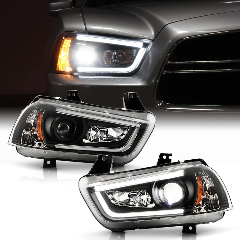 ACANII – Para modelo halógeno 2011-2014 Dodge Charger LED Tubo con proyector LED integrado Faros delanteros izquierdo+derecha, negro ónix con