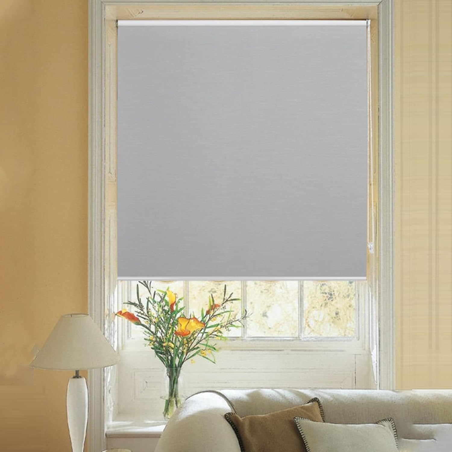 Joydeco Cortinas enrollables opacas con cable de 28 pulgadas, color gris claro, impermeables, clásicas con aislamiento térmico, protección UV, para