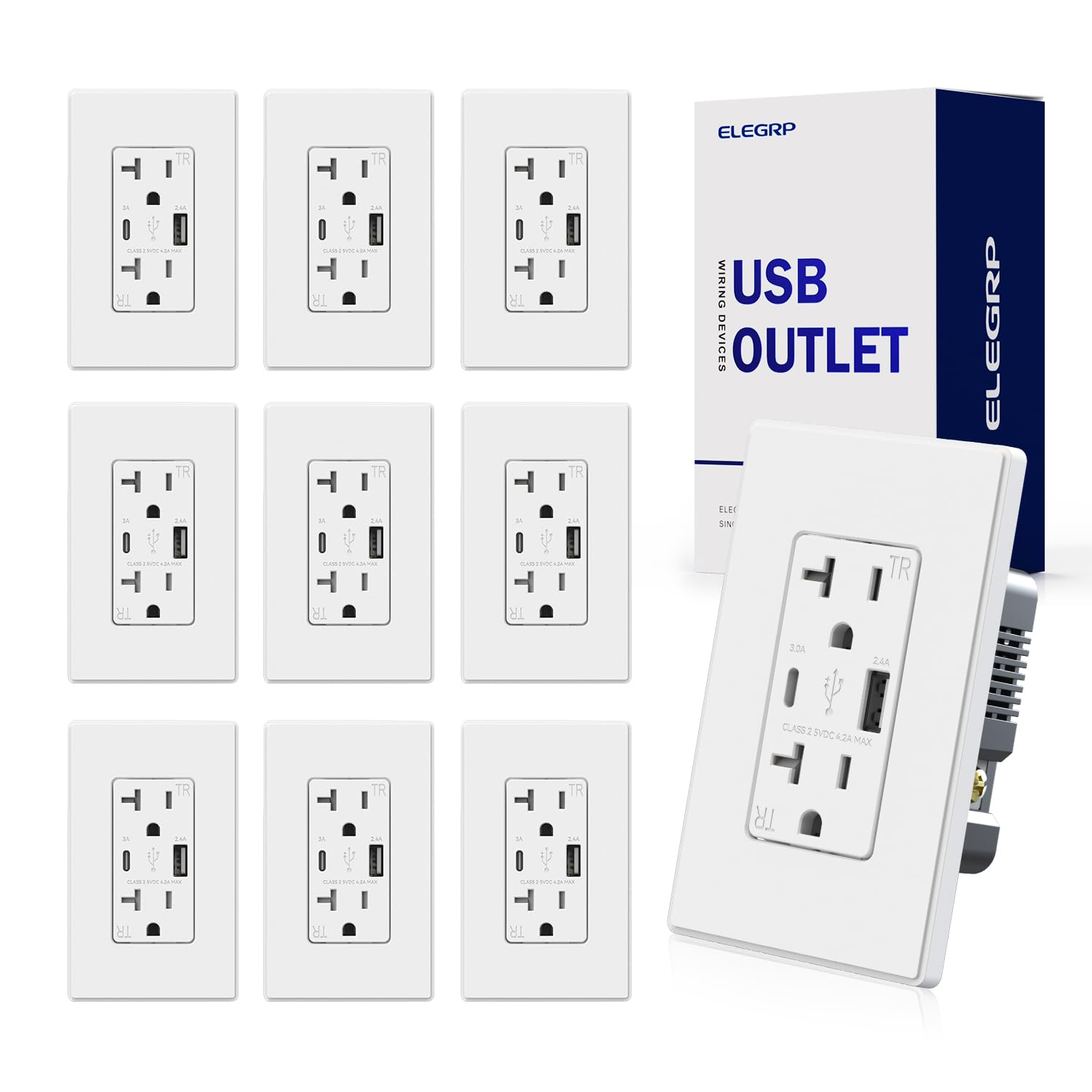 ELEGRP Cargador USB de pared con puertos USB tipo A y tipo C, enchufe dúplex de 20 amperios resistente a manipulaciones, placa de pared incluida,