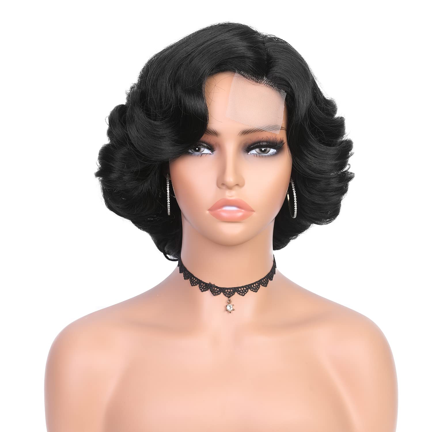 Quantum Love Pelucas cortas y rizadas estilo Bob, peluca de raya lateral suelta para mujeres negras, peluca sintética corta ondulada (10 pulgadas)