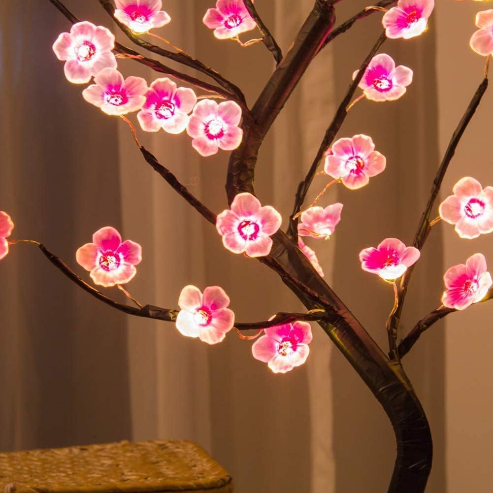 HoldOneLight Lámpara de luz de árbol bonsái de flor de cerezo, 36 LED, lámpara de árbol de decoración japonesa, batería y enchufe USB, lámpara de
