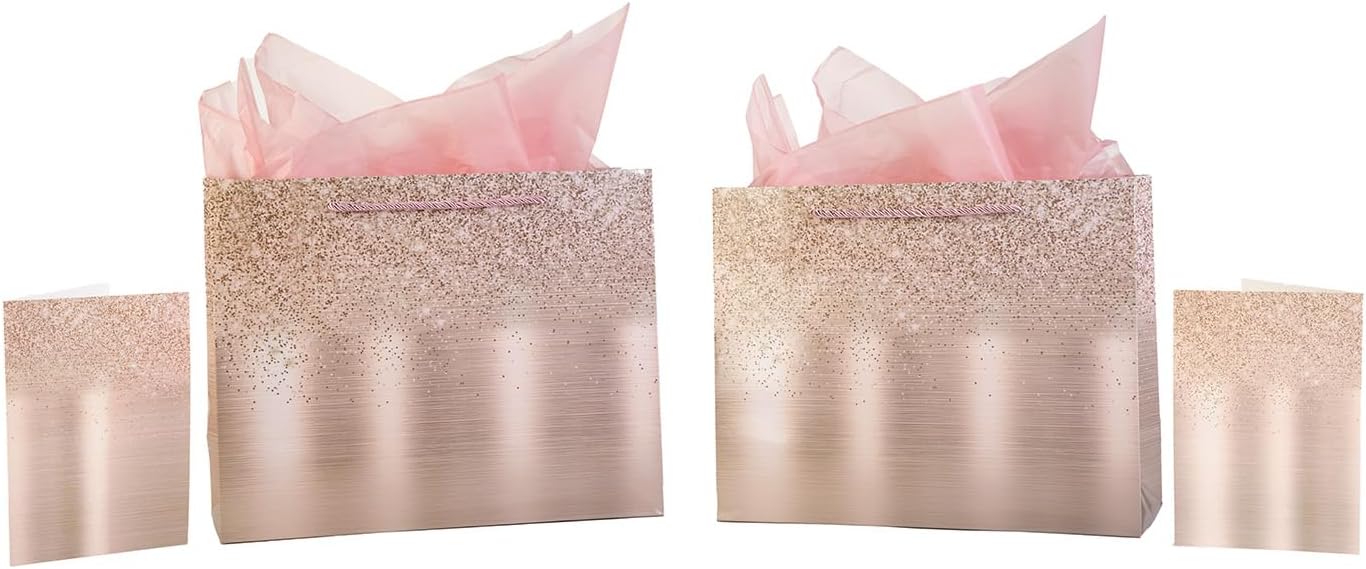 MAWASTORE Juego de 2 bolsas de regalo grandes de color rosa suave de 13 pulgadas con tarjeta de felicitación y papel de seda