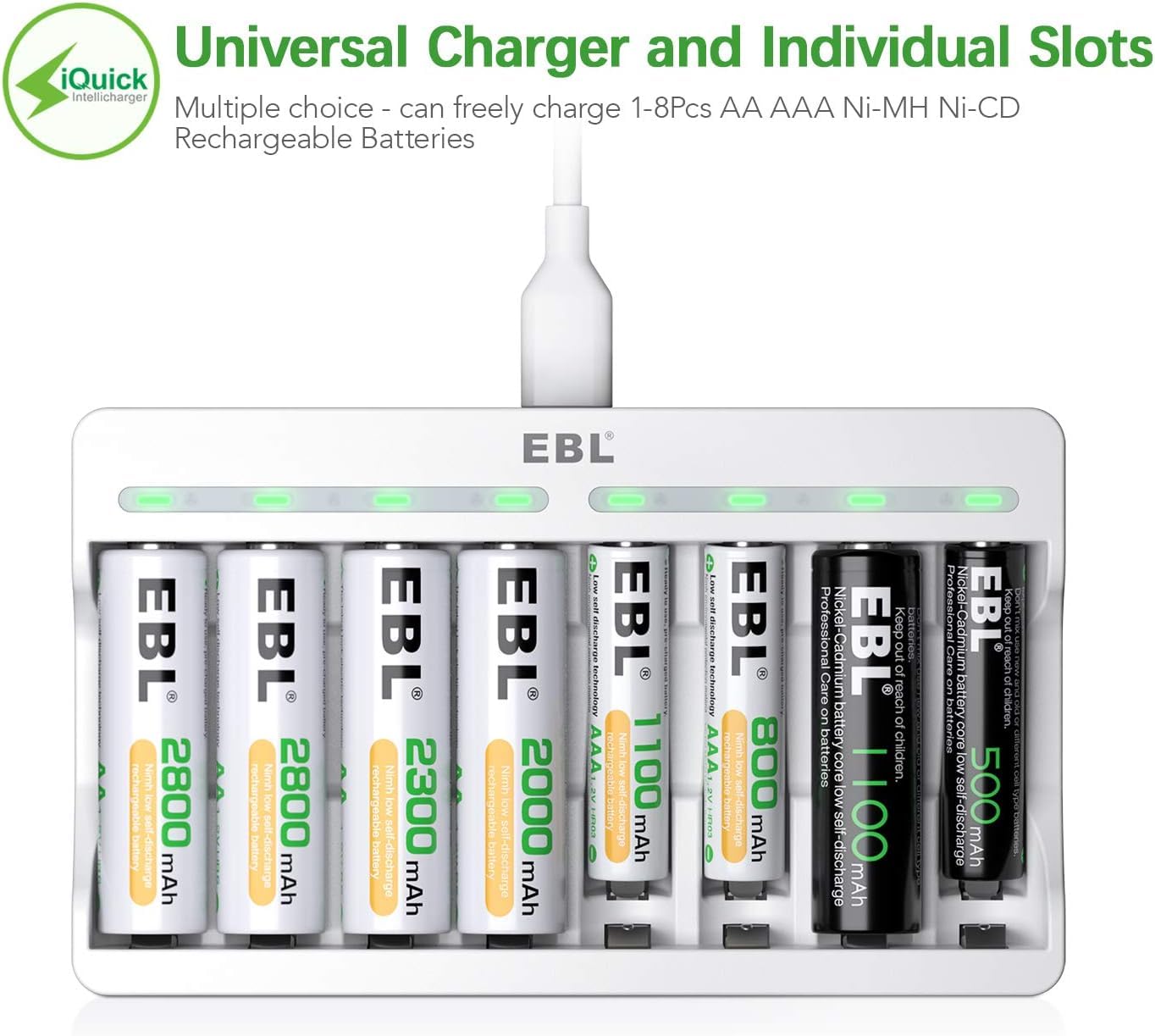 EBL Peine de baterías recargables AA AAA con kits de cargador, 8 pilas AA de 2800 mAh y 16 pilas recargables AAA de 1100 mAh con cargador de batería