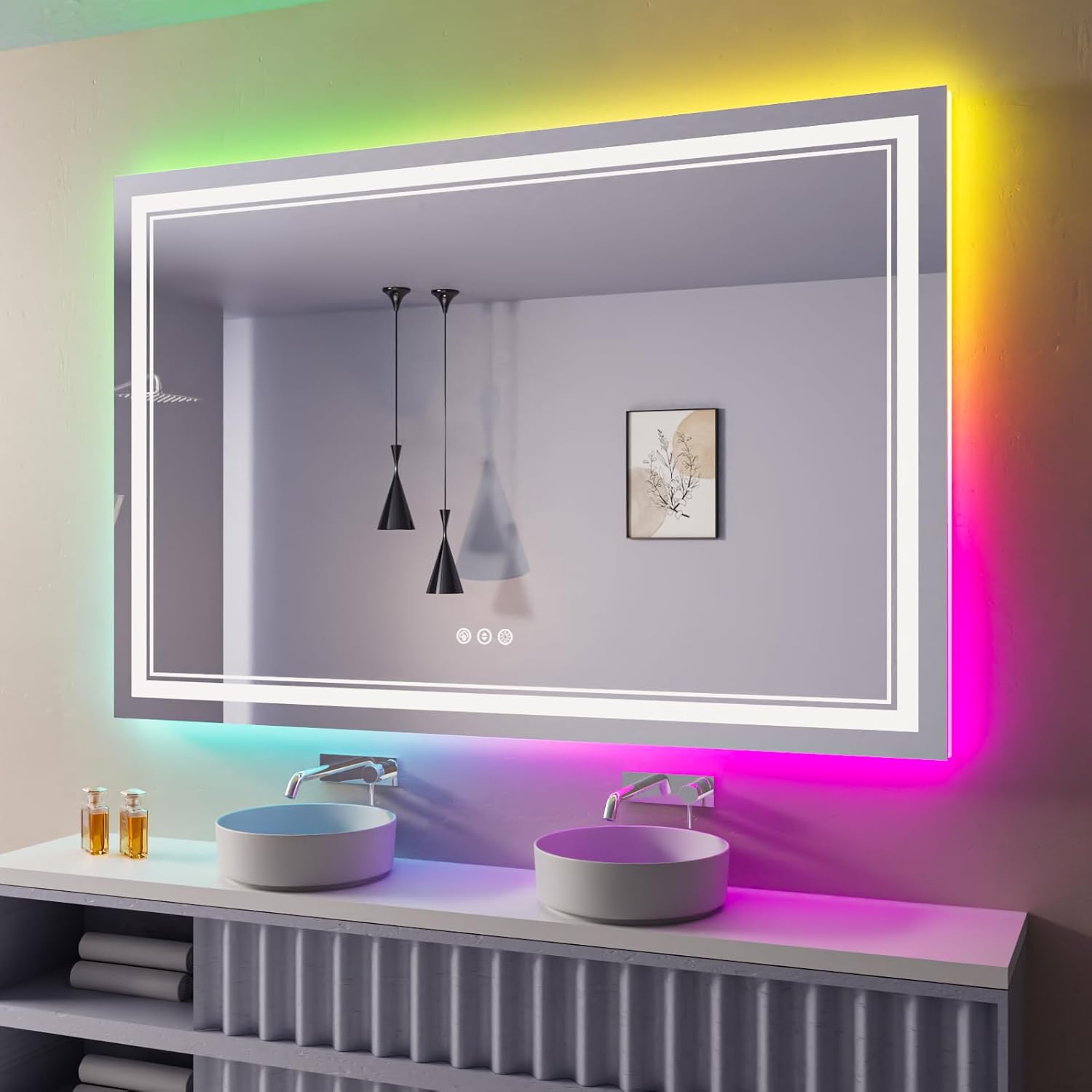 Espejo de baño LED de 60 x 30 pulgadas con luces, retroiluminación RGD que cambia de color y espejo de luz frontal, espejos de tocador iluminados